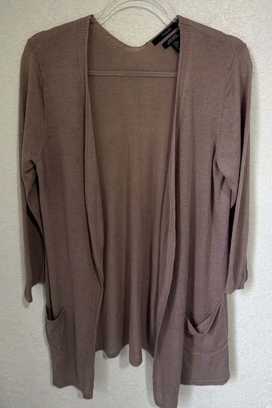Tahari Open Front Cardigan Size M Brown Linen Blend Pockets